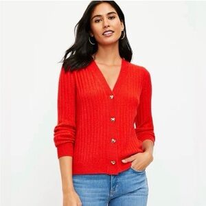 LOFT Bright Red/Orange Cardigan with Gold Heart Buttons Size Medium